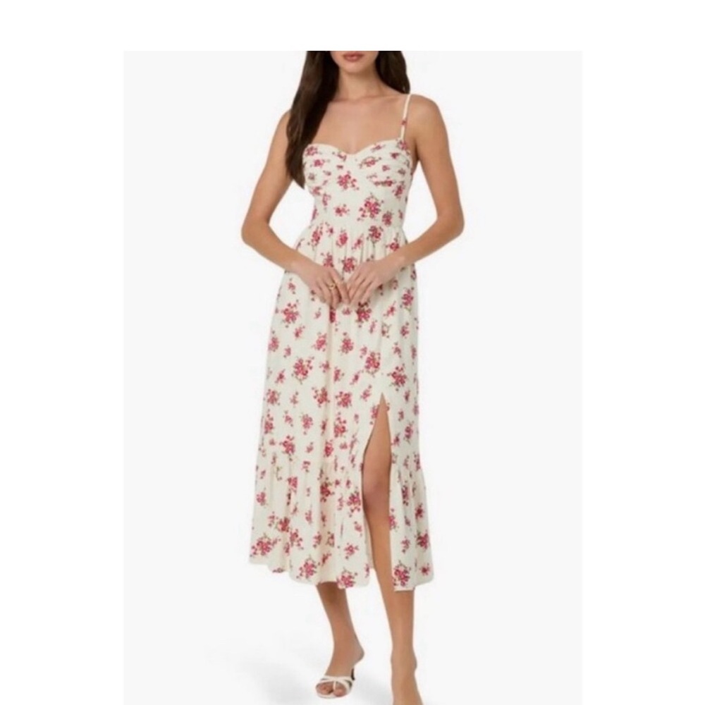 Astr Cream Midi Dress with Pink Floral Print and Side Slit
